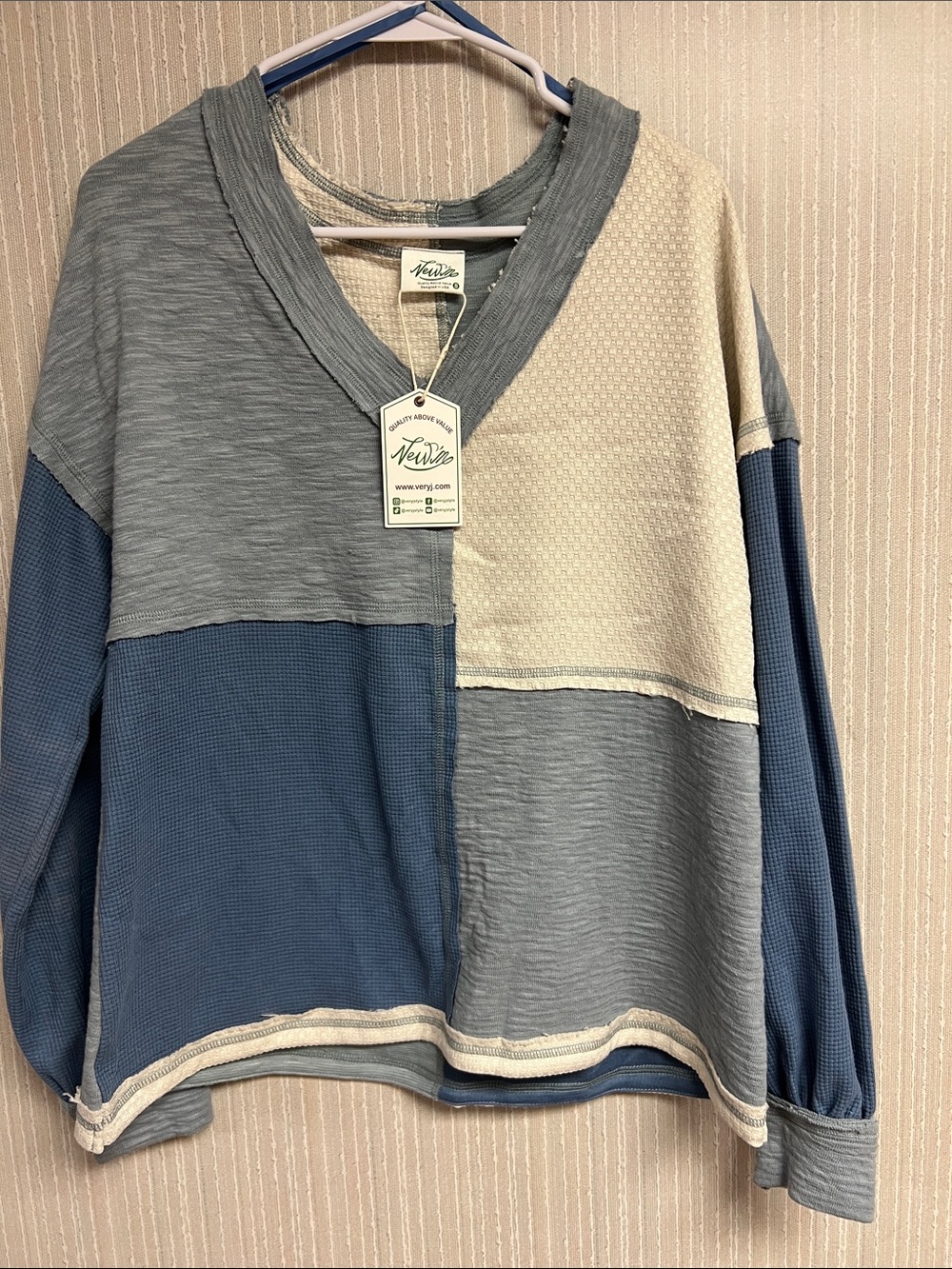 NWT S M L oversized blue & cream Striped Long-Sleeve Button-Down rough edge Polo